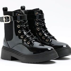 River Island-Shiny Black Patent Lace-Up Combat Boots